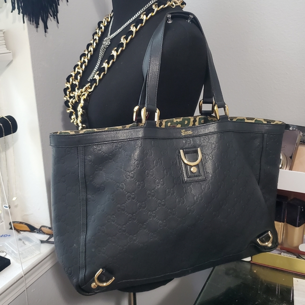 Authentic GUCCI Abbey Guccissima Large Leather Tote Bag Black